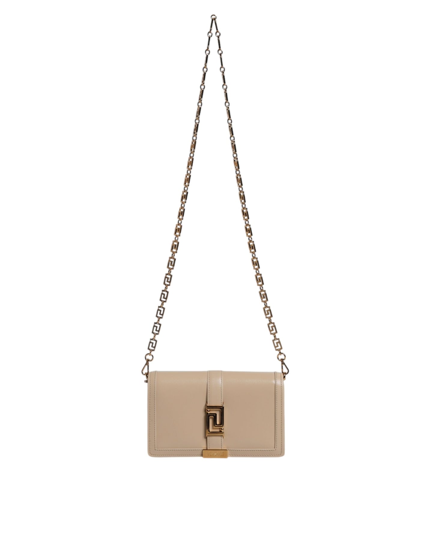 V1 Sac bandoulière portefeuille en cuir de veau beige avec chaîne dorée