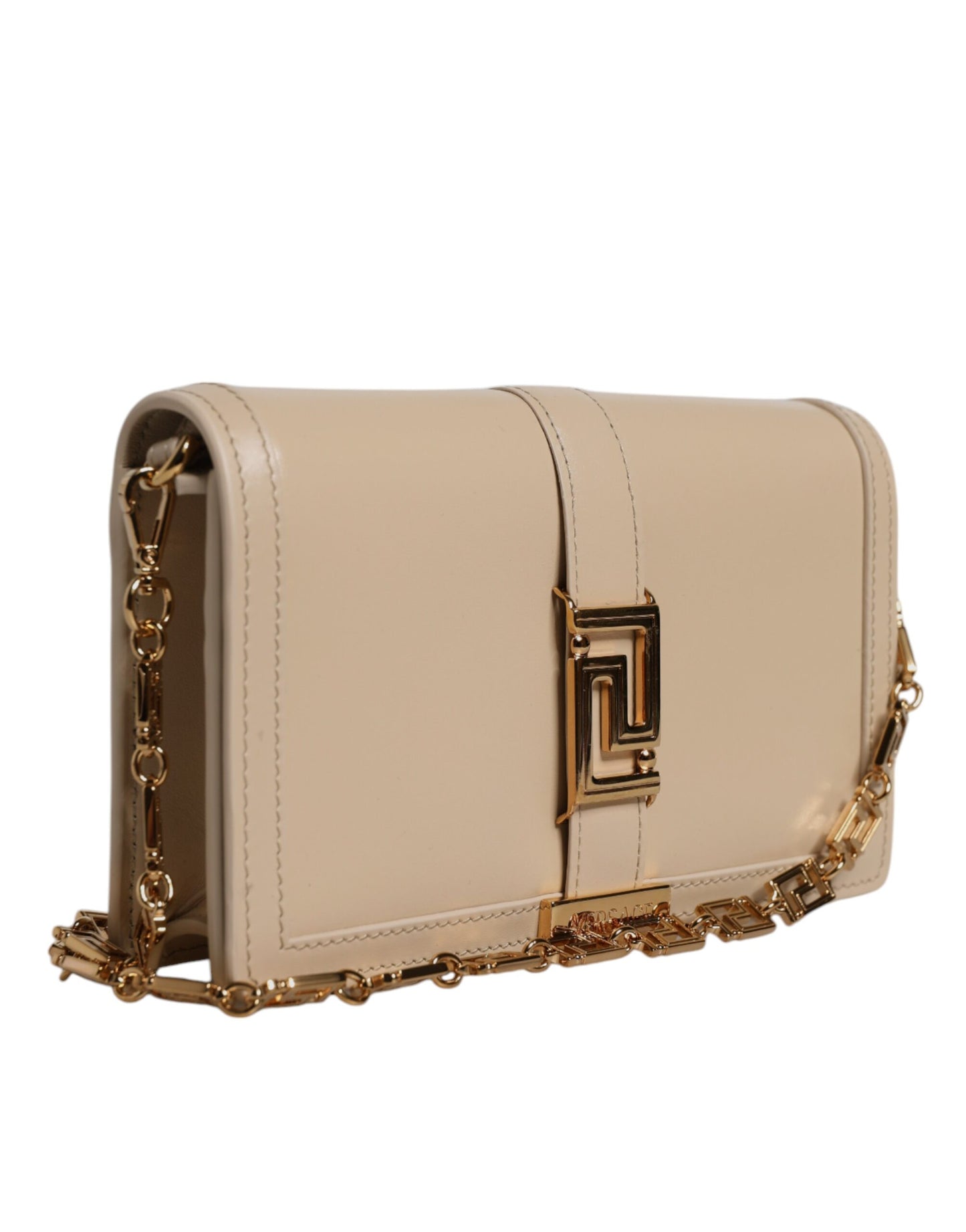 V1 Sac bandoulière portefeuille en cuir de veau beige avec chaîne dorée