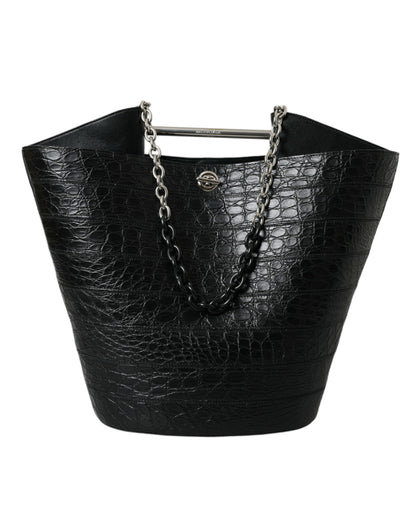 Black Exotic Skin Leather Maxi Bucket Tote Purse Bag