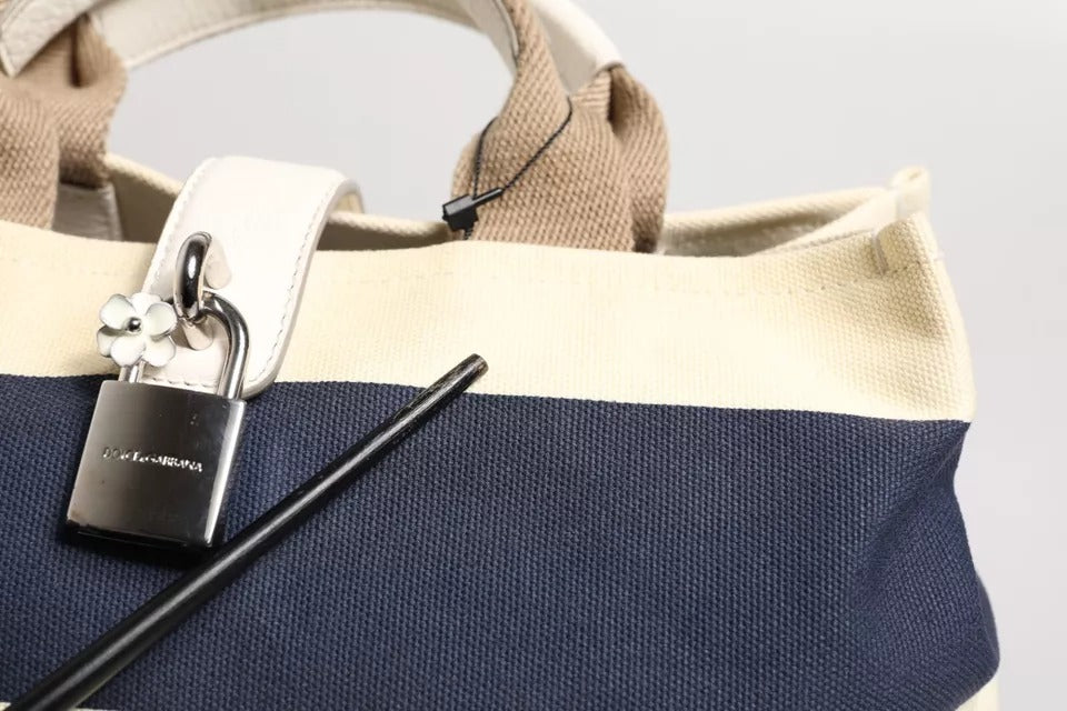 D&G Sac fourre-tout à poignée supérieure en toile rayée blanc bleu marine