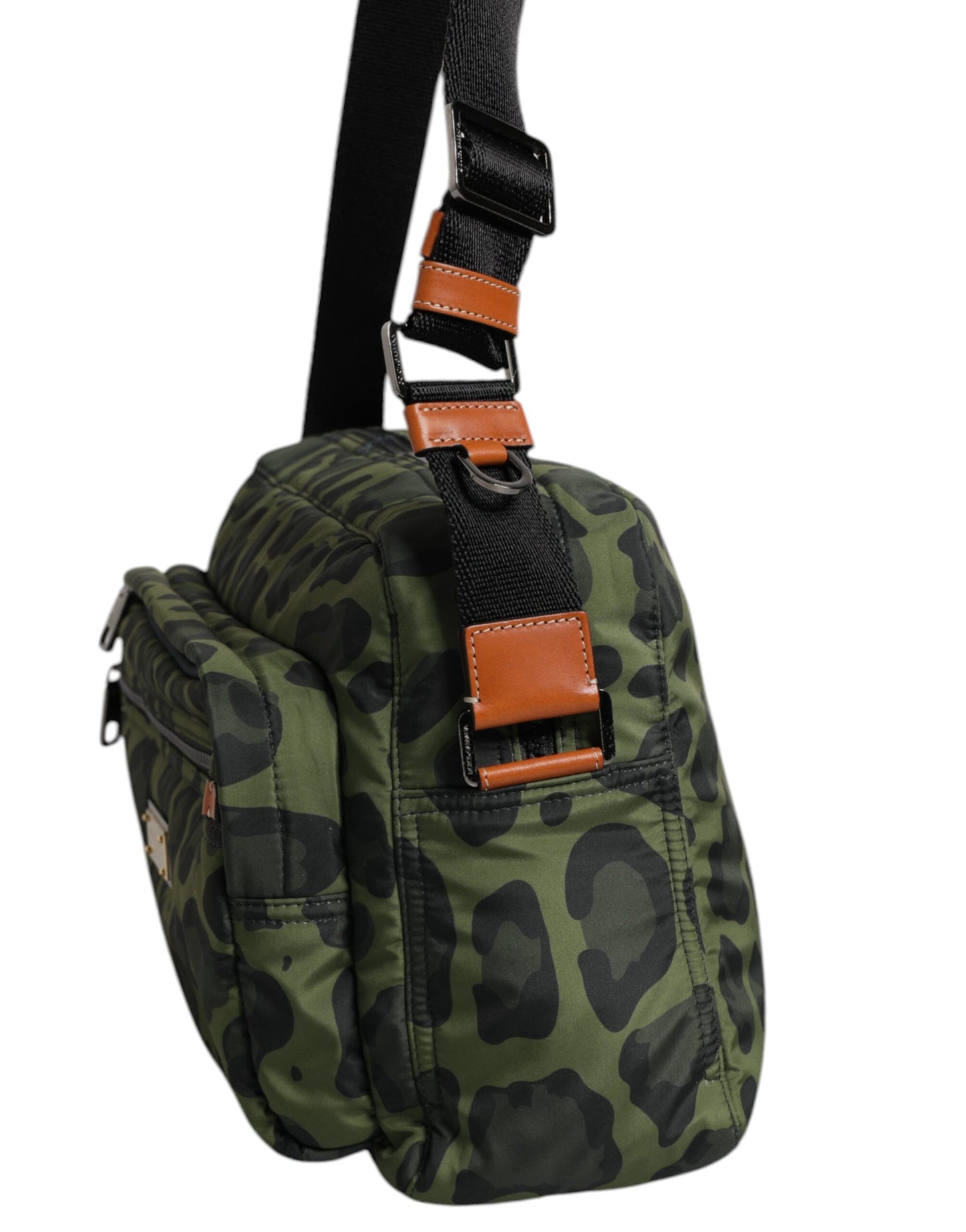 Green Polyester Leopard Print Shell Messenger Bag