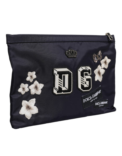 Blue DG Logo Patch Embellished Pouch Clutch Bag