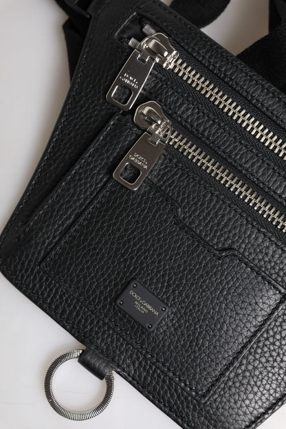 Black Calfskin Logo Plaque Belt Waist Men Fanny Pack Bag