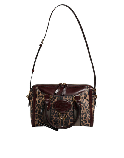 Brown Leopard Leather Shoulder Strap Duffle Bag