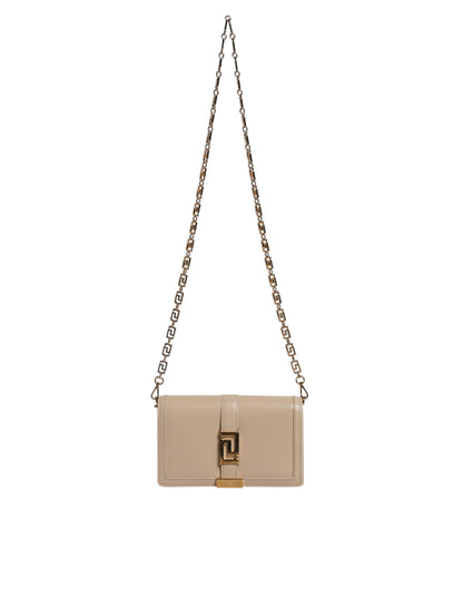 V1 Sac bandoulière portefeuille en cuir de veau beige avec chaîne dorée