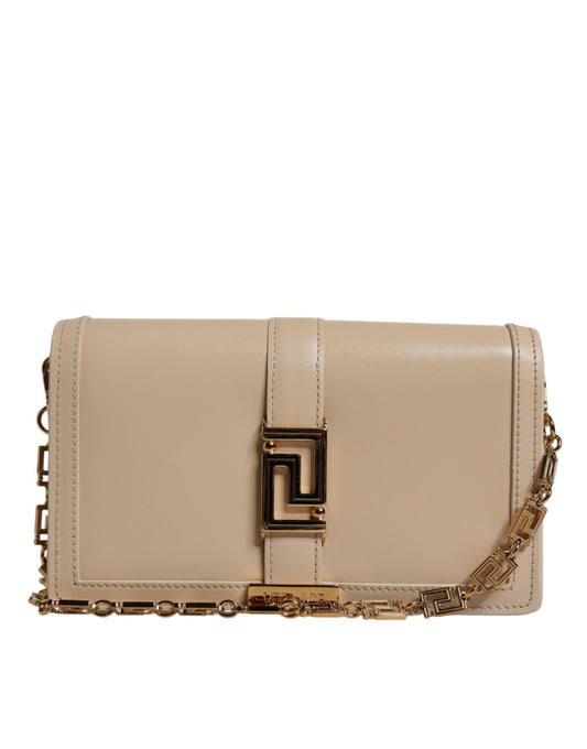 V1 Sac bandoulière portefeuille en cuir de veau beige avec chaîne dorée