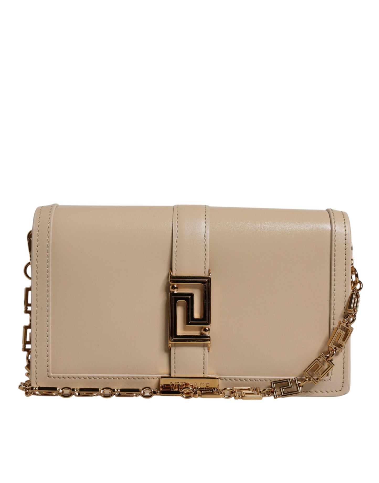 V1 Sac bandoulière portefeuille en cuir de veau beige avec chaîne dorée