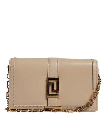 V1 Sac bandoulière portefeuille en cuir de veau beige avec chaîne dorée
