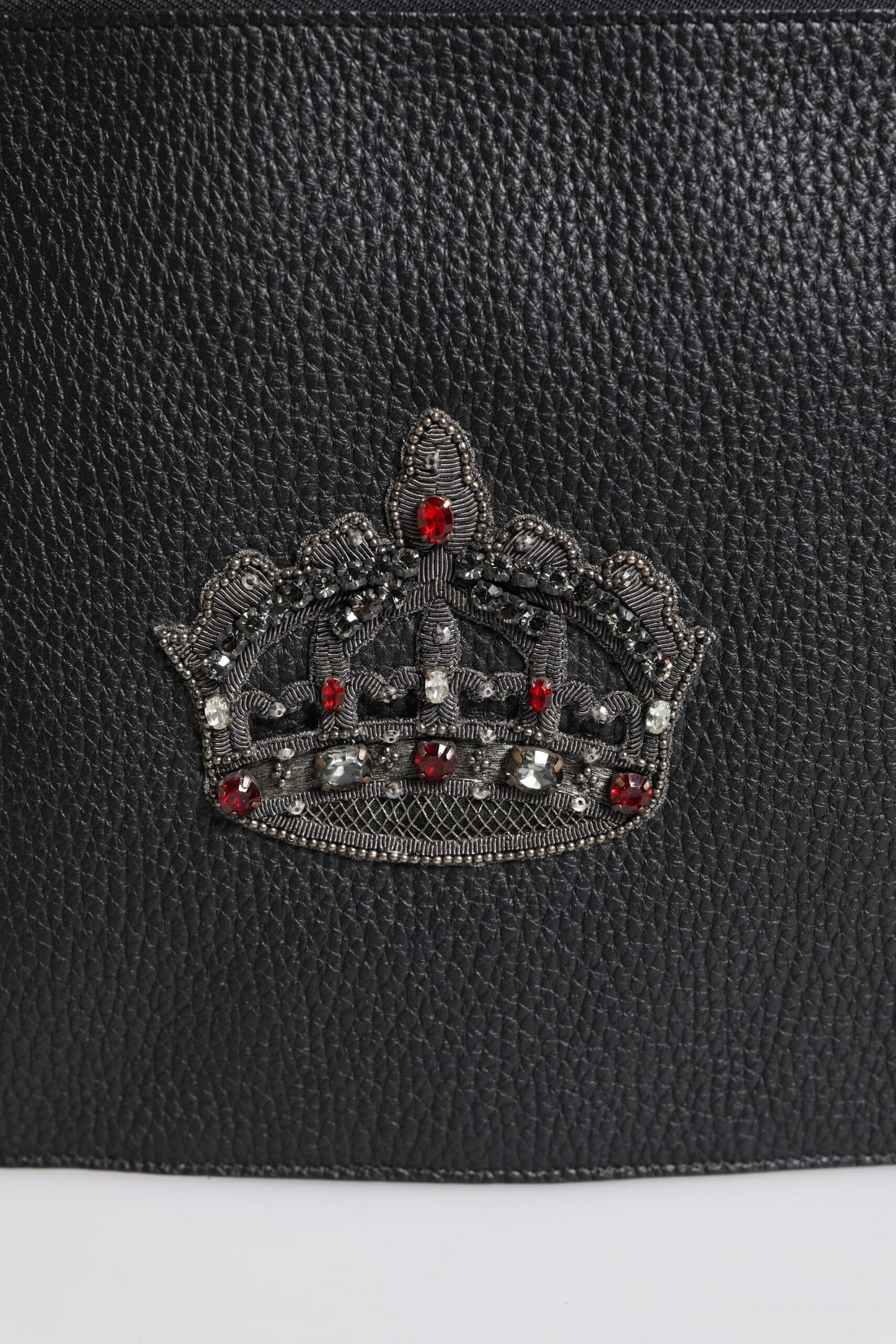 Black Calfskin Crown Embellished Clutch Pouch Bag