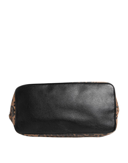 D&G Sac fourre-tout en cuir marron léopard BEATRICE avec plaque logo