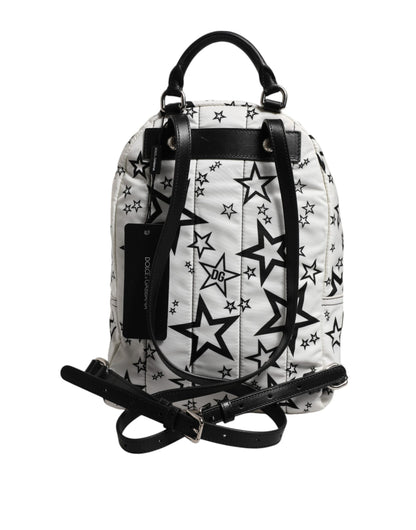 White DG Stars Print Nylon Travel Backpack Bag