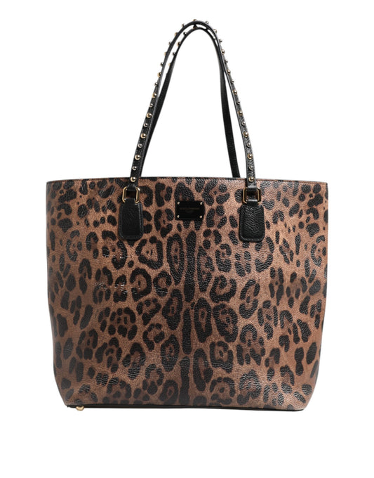 D&G Sac fourre-tout en cuir marron léopard GLAM avec plaque logo