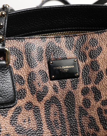 D&G Sac fourre-tout en cuir marron léopard GLAM avec plaque logo