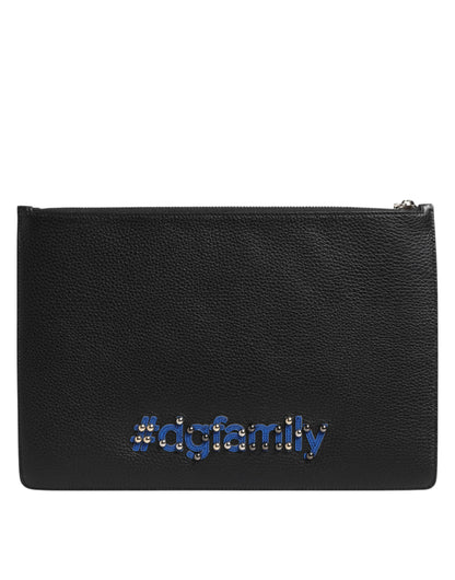 Black Leather #DGFAMILY Embellished Men Clutch Pouch Bag