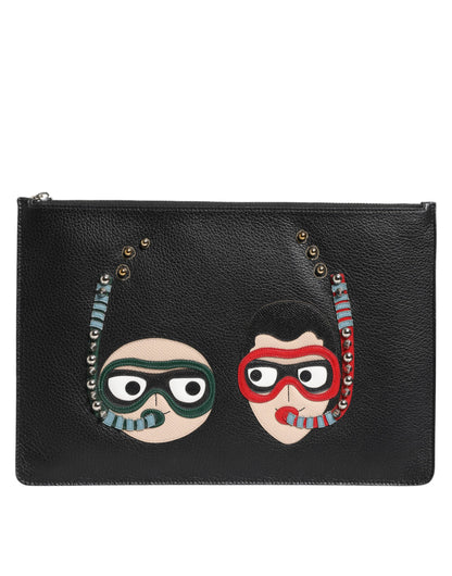 Black Leather #DGFAMILY Embellished Men Clutch Pouch Bag