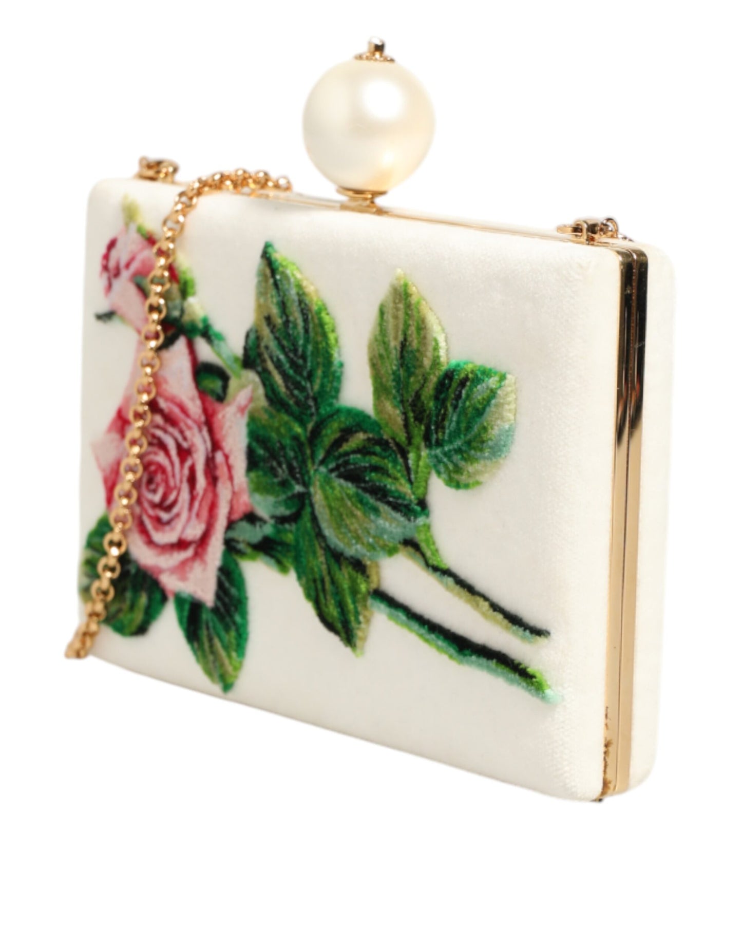 White Rose Embroidery Silk Gold Frame Clutch Purse Bag